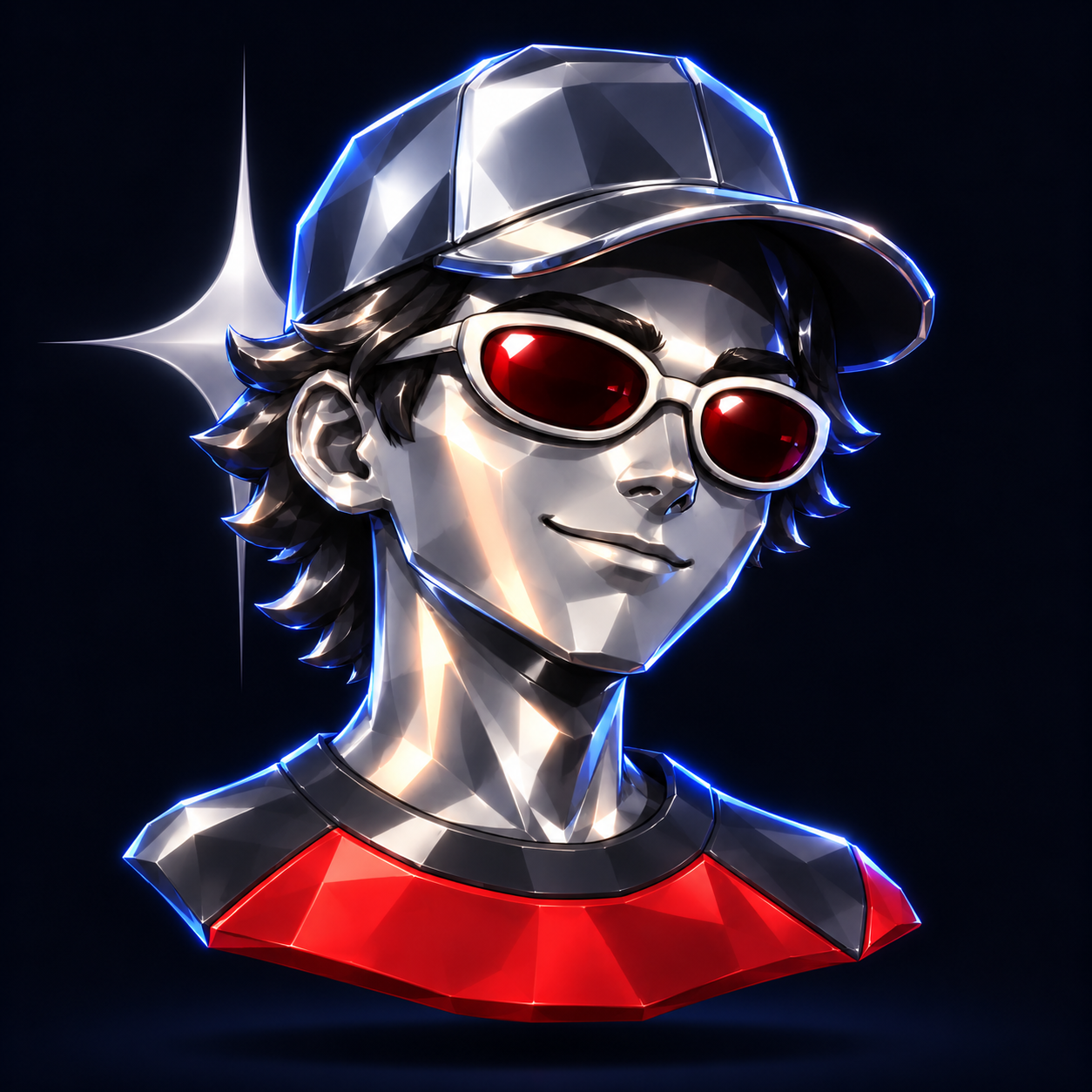Mini-Jake as a polished chrome game character, with a silver cap, ruby-red sunglasses and a red shirt.